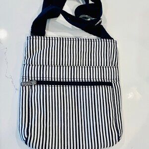 Thirty-One Navy and White Striped Crossbody Canvas Bag w/ Bright Green Interior